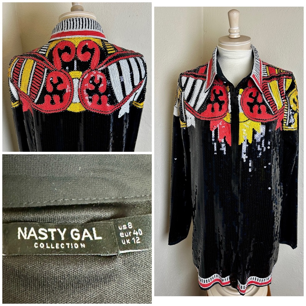 Nasty Gal Country Star Sequin Embellished Snap Shirt Jacket Long Sleeve Sz US 8